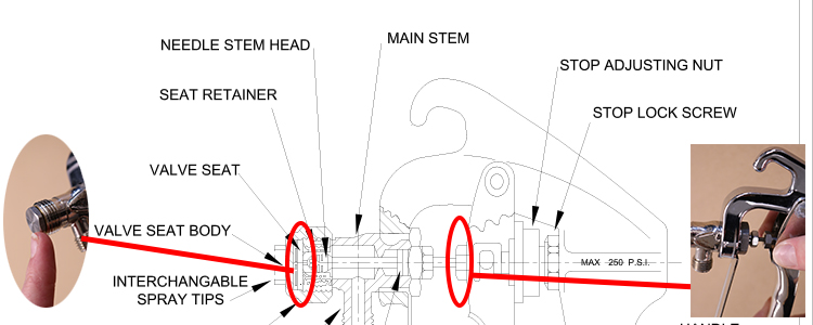 TensorGrip spray gun diagram with valve seat and nut highlighted.